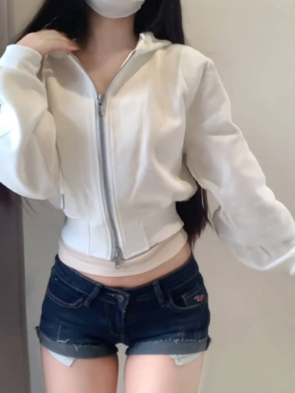美式辣妹短款白色开衫卫衣女秋季双拉链设计感纯欲风收腰连帽外套|undefined
