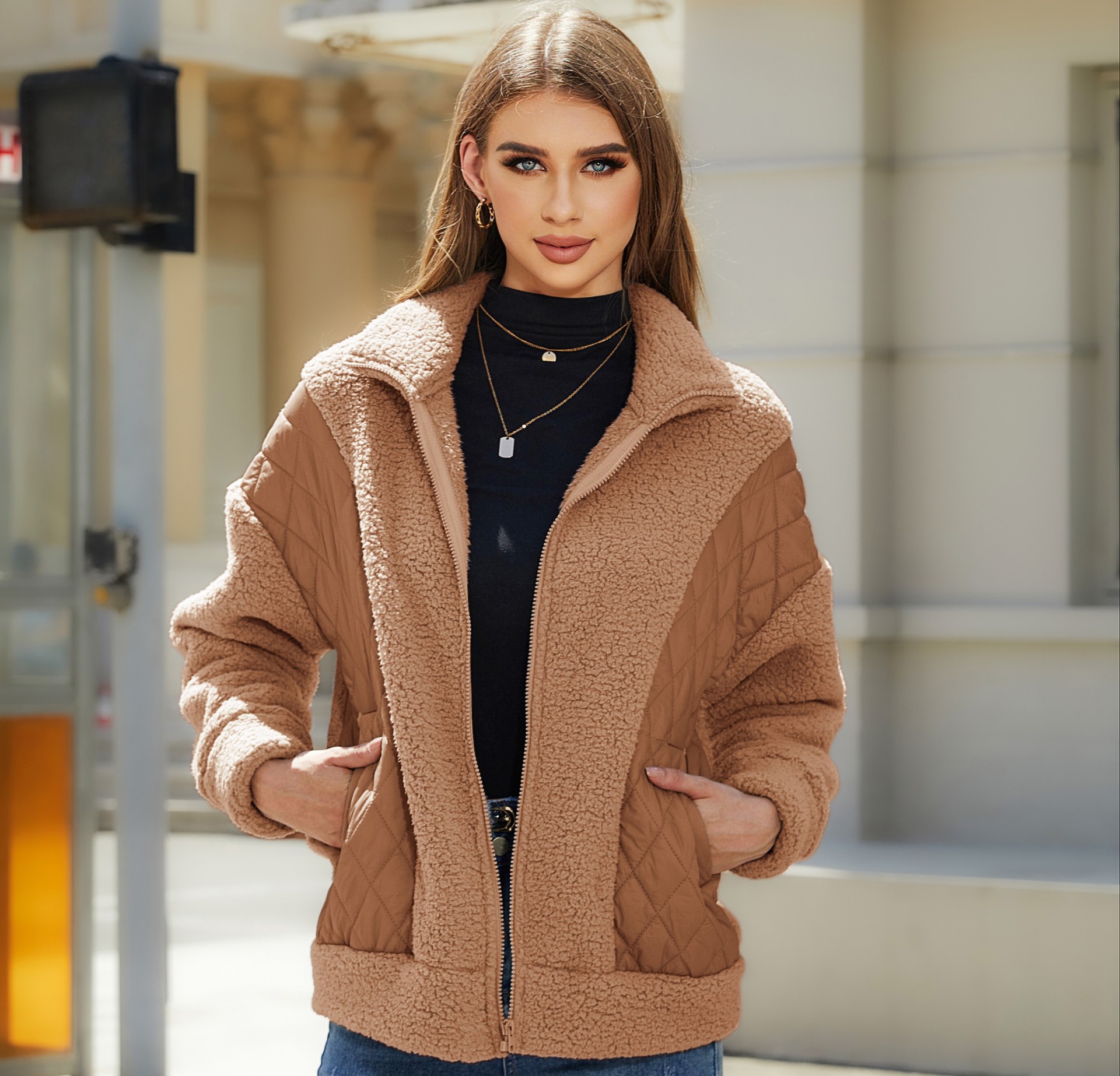 Women's Clothing clothing autumn and winter new fashion long sleeved cardigan zipper plush stitching women's jacket_voghion.com