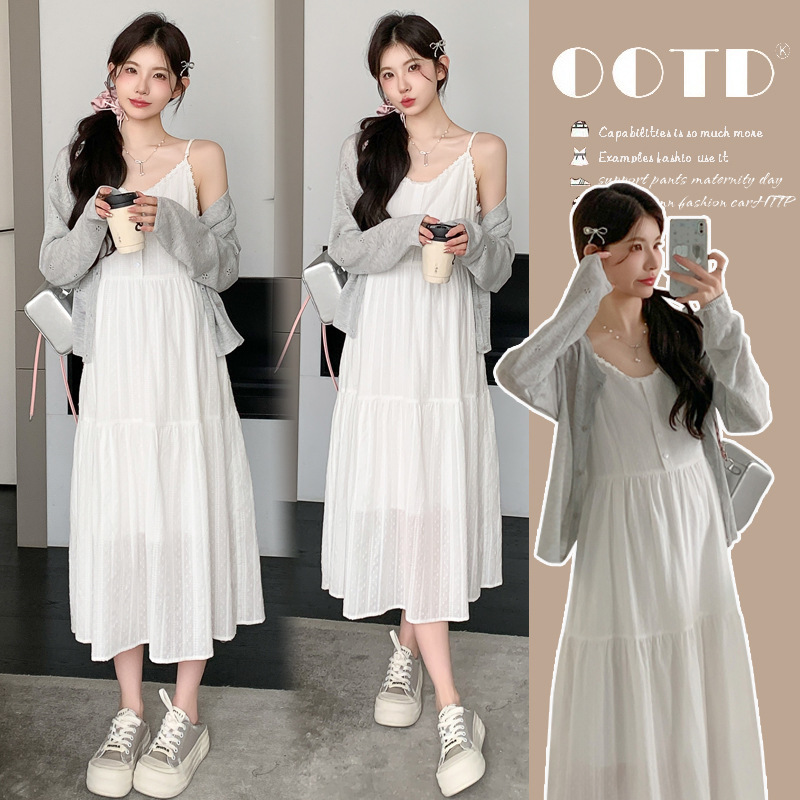 Maternity Skirt Summer Set, Fashionable French-Style Knitted Cardigan, Gentle Style Lace Suspender Dress Two-Piece Set