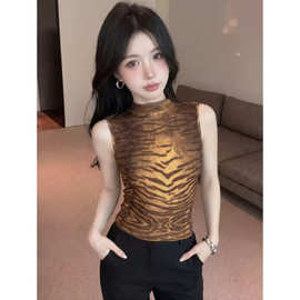 美式复古棕虎纹半高领无袖背心女弹力网纱修身紧身辣妹内搭上衣夏