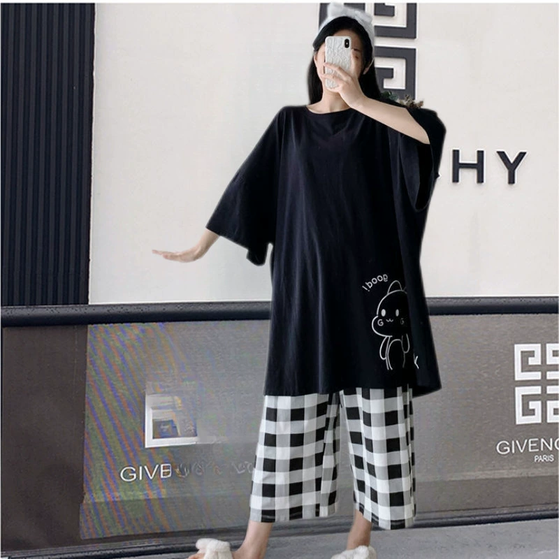 Большой размер футболки с короткими рукавами, укороченные брюки, летняя домашняя одежда