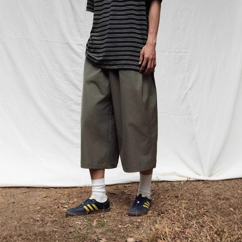 In-Stock Summer Outdoor Simple Cropped Pants Men Japanese Retro Loose Wide-Leg Casual Pants American Functional Dad Pants