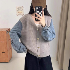 拼接牛仔针织开衫2025秋冬新款韩版宽松休闲百搭V领毛衣外套女潮