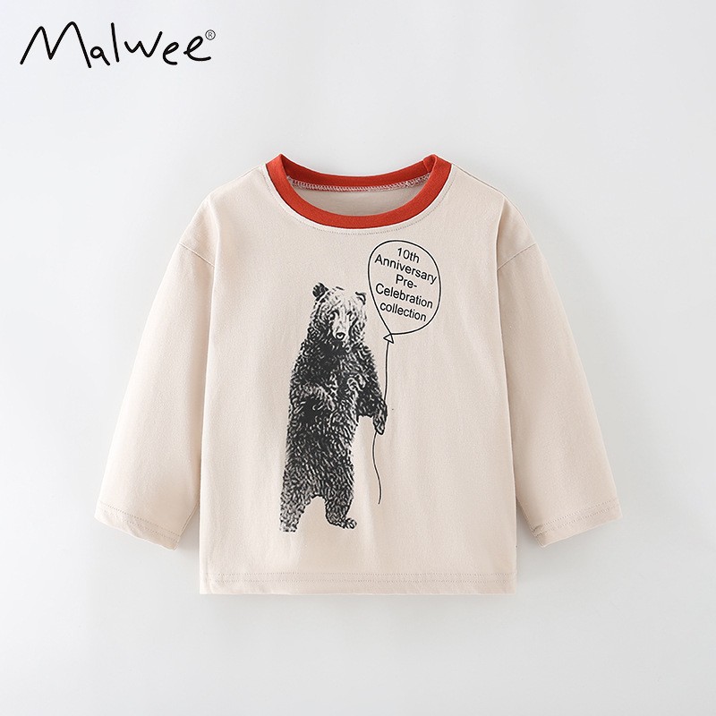 Malwee camiseta de cuello redondo a rayas de niña otoño y invierno nuevo estilo europeo y americano camiseta de niños de manga larga camiseta de fondo para niños