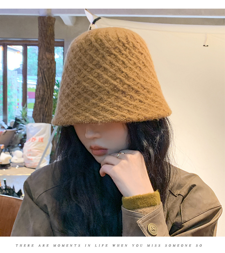 Outono e inverno novo chapéu de pescador feminino malha lã balde chapéu cor sólida simples placa de luz mostrar rosto pequeno_voghion.com