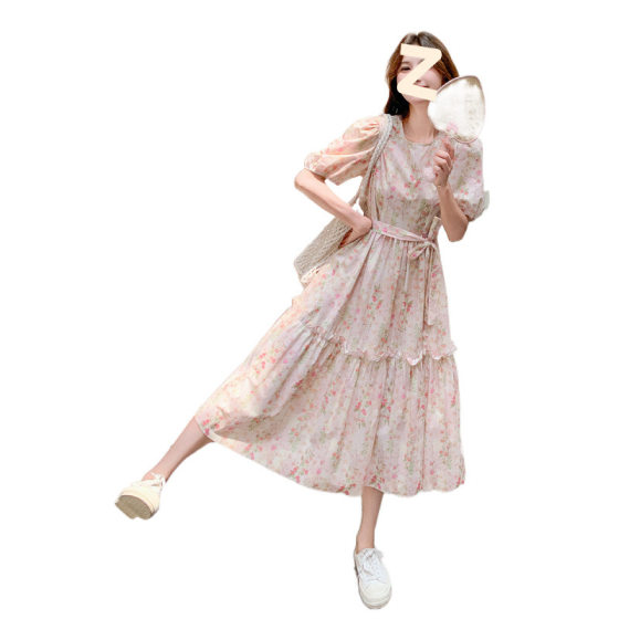 2025 Summer New Korean Style Pink Printed dress Women's Sweet Puff Sleeve Tight Waist Slimming Trendy Floral Skirt