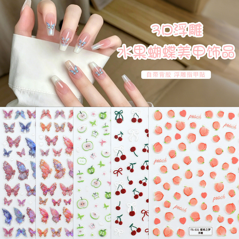 New Summer Fruit Series Nail Stickers with Fresh Peach, Cherry, and Apple Designs, Waterproof and Long-Lasting Nail Stickers