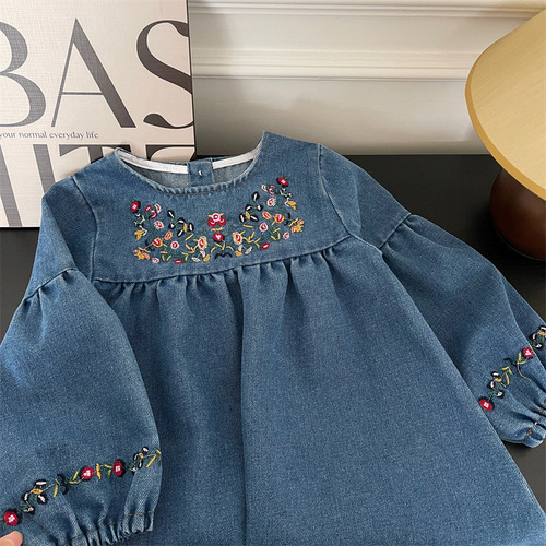Children's Spring Clothing Kids' New 2024 Girls' Soft Denim Embroidered Dress Long Sleeve Skirt Korean Version Stylish and Versatile
