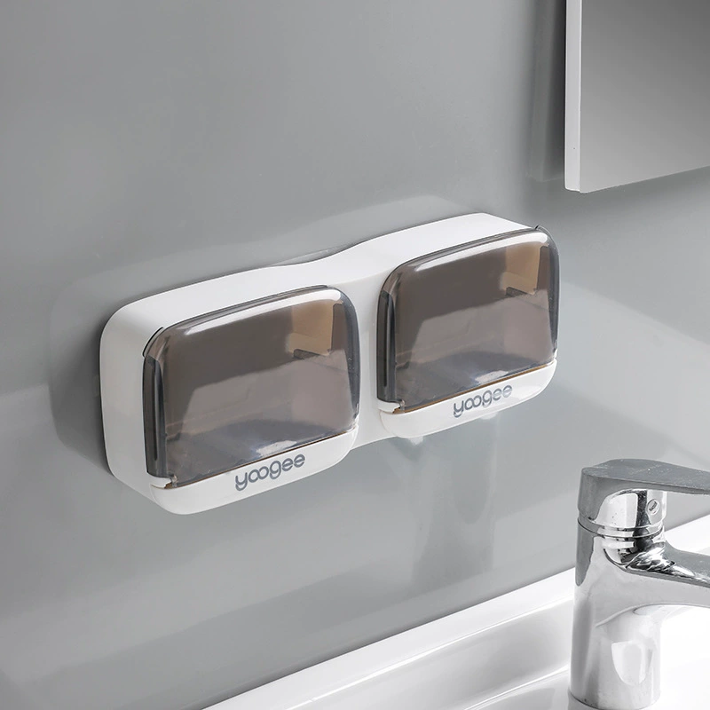 Wall-Mounted Soap Box (yoogee YC378) — Dustproof suction-cup soap rack, single or double grid