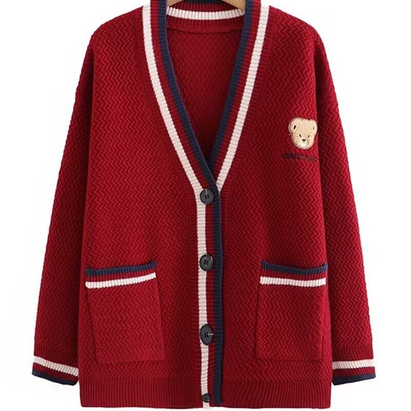Damenbekleidung neuer Bär Jacquard V-Ausschnitt locker gestrickte Strickjacke Damen Herbst und Winter gestreifte große Größe Pulloverjacke im faulen Stil_voghion.com