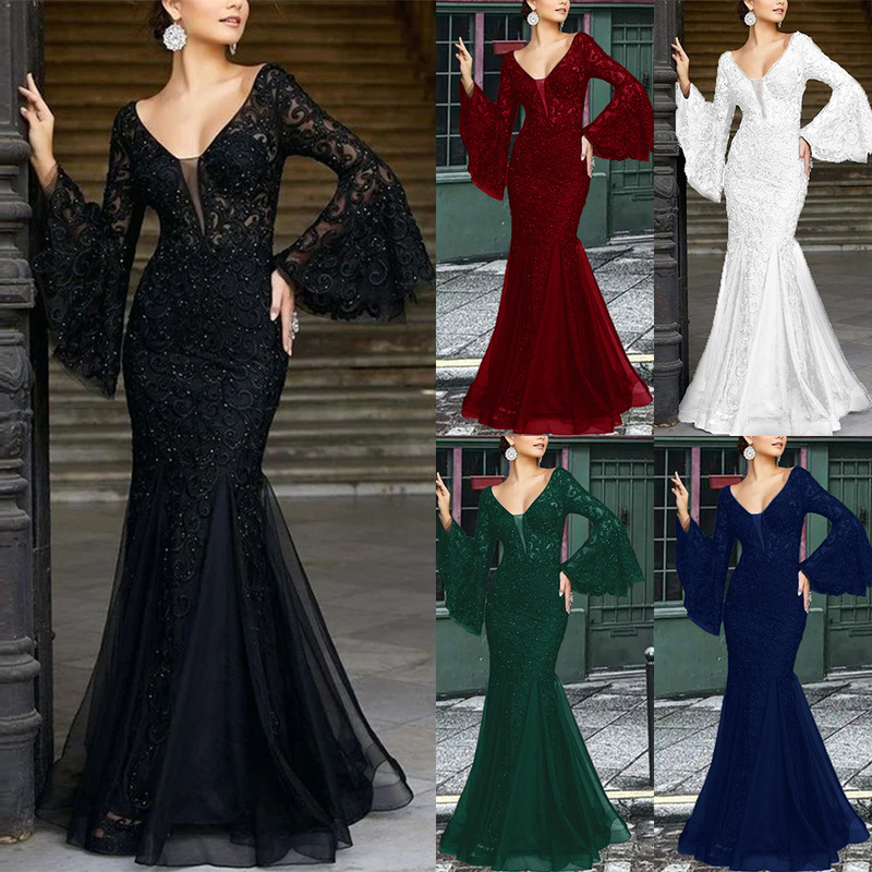 2025 New Elegant and Sexy Slim Fishtail Black Anchor Summer Long Banquet Dress Lace Evening Dress