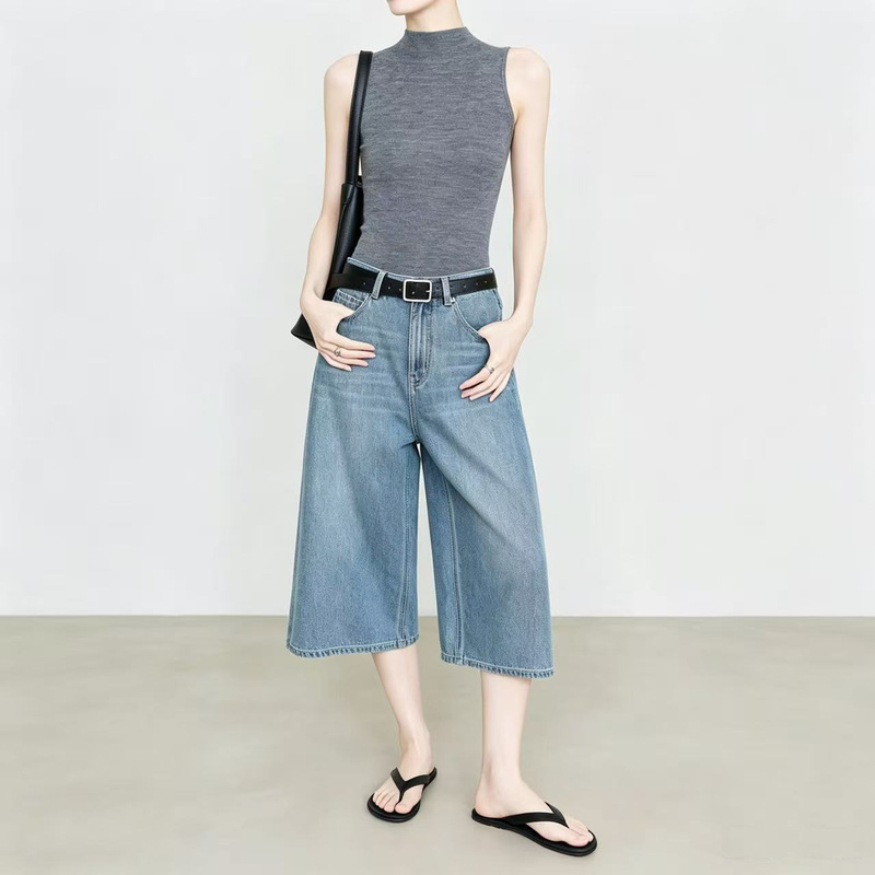 100% Cotton Cropped Pants for Women 2026 Summer Classic Blue Jeans Loose Straight Pants Wide Leg Pants Mid-Length Pants