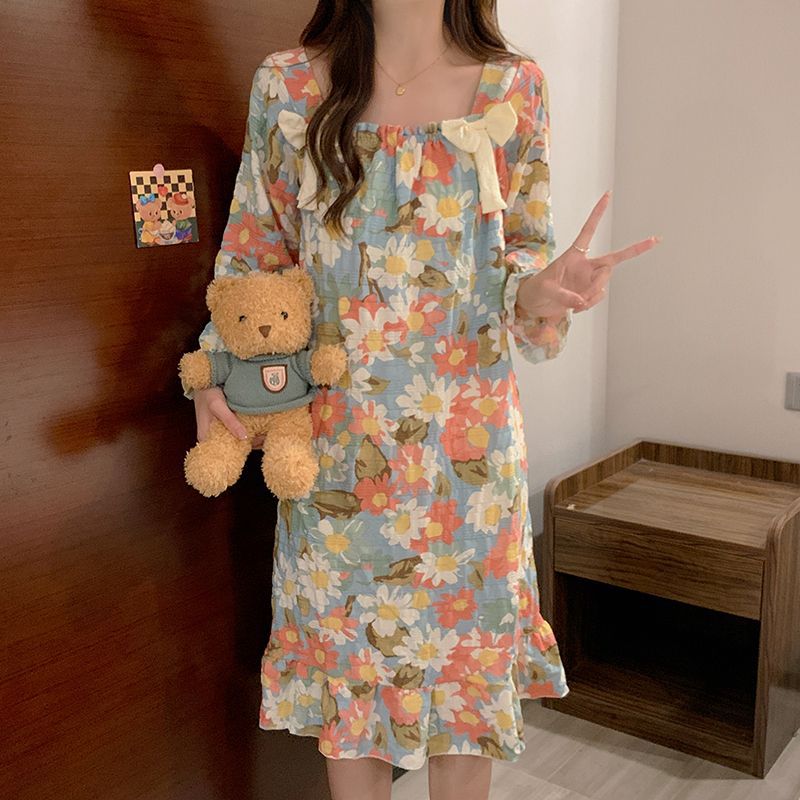 Nube de algodón pijama de primavera y otoño de mujer nuevo tipo con almohadilla de pecho dulce flor triturada pijama de mangas largas princesa ropa de hogar se puede usar fuera