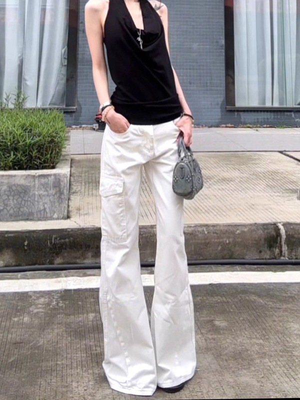 美式百搭时尚白色微喇牛仔裤女夏季新款低腰辣妹显瘦弹力拖地裤子|undefined