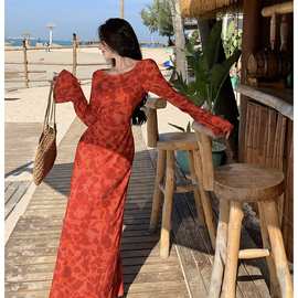 摩洛哥玫瑰印花长袖连衣裙女2023秋季新款修身显瘦慵懒风度假长裙