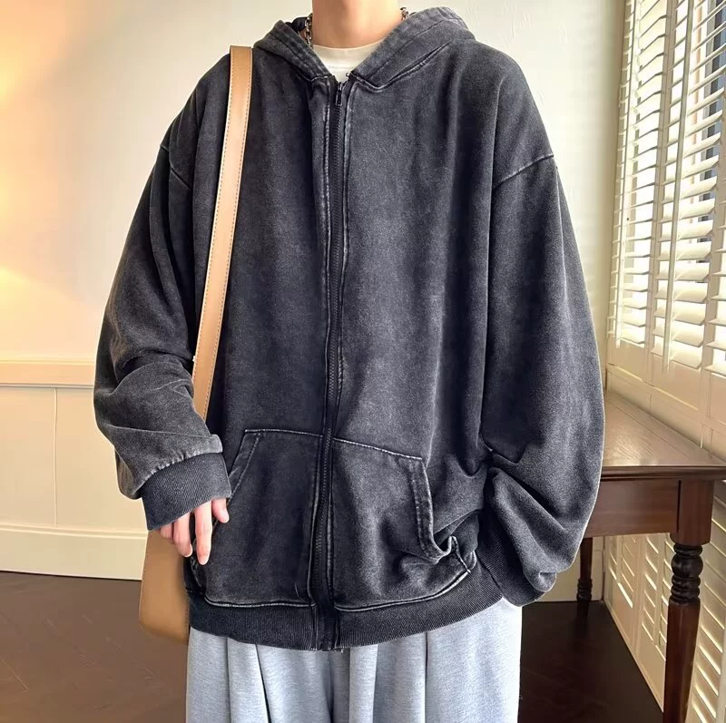 Американский стиль стирает старый свитер мужской весенний и осенний стиль высокий улица тяжелый кардиган куртка ins прилив свободный топ с капюшоном