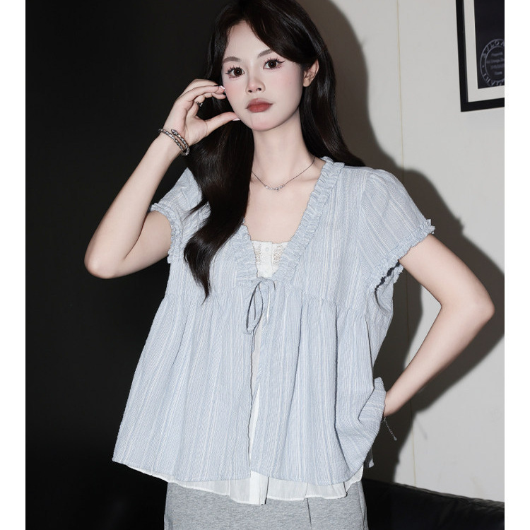 Forever21 Super Stylish Light Blue V-Neck French-Style Short-Sleeve Shirt for Women, Unique Lace Design, Faux Two-Piece Loose Top for Spring