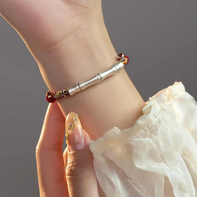 999 sterling silver distressed 3D hard silver bamboo tube red string bracelet for women DIY handmade adjustable bracelet C0762 999 sterling silver distressed 3D hard silver bamboo tube red string bracelet for women DIY handmade adjustable bracelet C0762