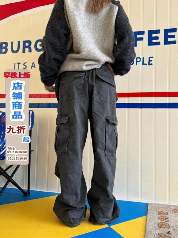 3669# 川川也美式复古多口袋水洗宽松工装裤街头做旧抽绳阔腿裤子|undefined
