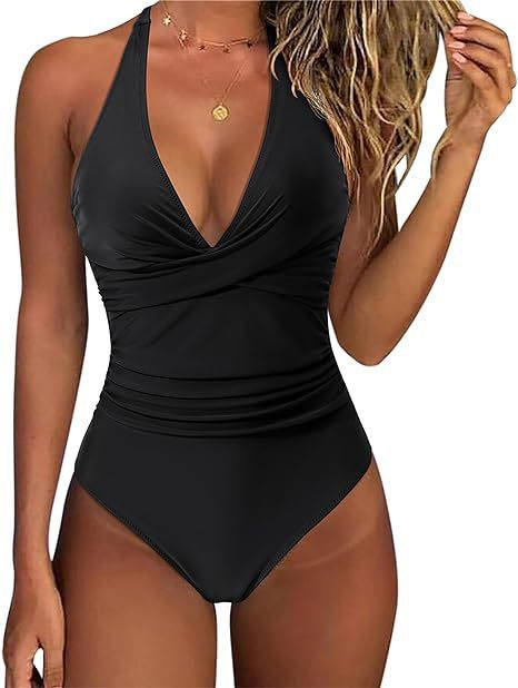 Europa y América trajes de baño femeninos profundos V impresión cuello colgante trajes de baño de espalda descubierto para cubrir el abdomen delgado trajes de baño de vacaciones junto al mar mujeres