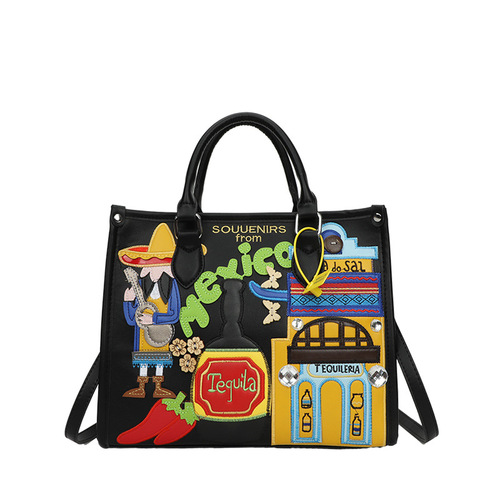 Large-capacity bag women's new retro portable crossbody tote bag niche embroidered graffiti Mexican style shoulder bag