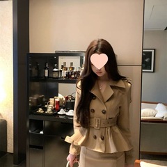 卡其双排扣外套女春秋+裙裤两件套秋季收腰气质裙套装卡其色套装