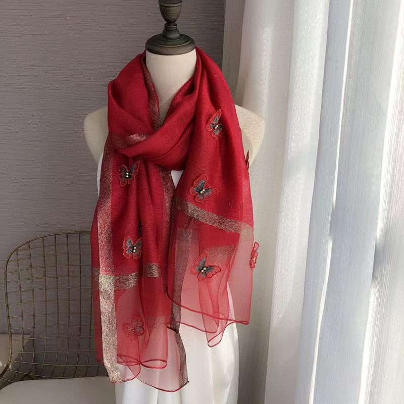 秋と冬の韓国シルクスカーフ女性用模擬シルクファッション立体蝶刺繍薄いガーゼスカーフ母親のギフト|undefined