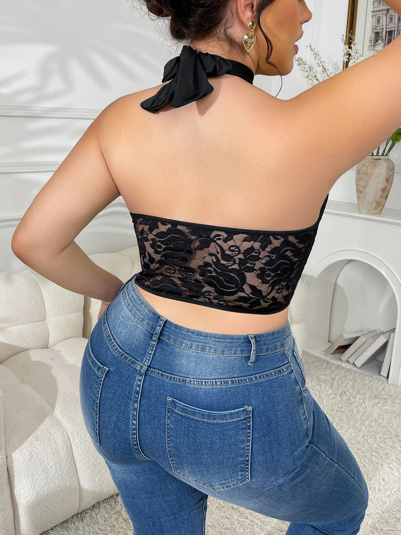 Nuevo tamaño grande sexy hottie encaje empalmado cuello de acero colgando hueso de pescado corsé de malla transfronteriza chaleco de pecho de perspectiva