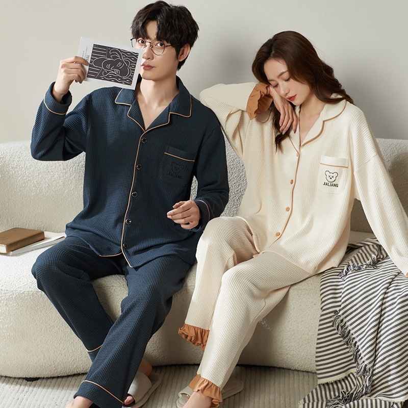 Couple Pajamas Spring and Autumn Women's Cardigan Lapel Long-sleeved Trousers Wafflettes Men's Simple Style Home Clothes suit Couple Pajamas Spring and Autumn Women's Cardigan Lapel Long-sleeved Trousers Wafflettes Men's Simple Style Home Clothes suit