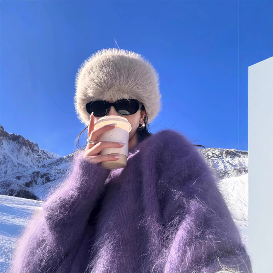 紫色圆领宽松马海毛水貂绒毛衣女加厚秋冬新款小众韩系慵懒风上衣