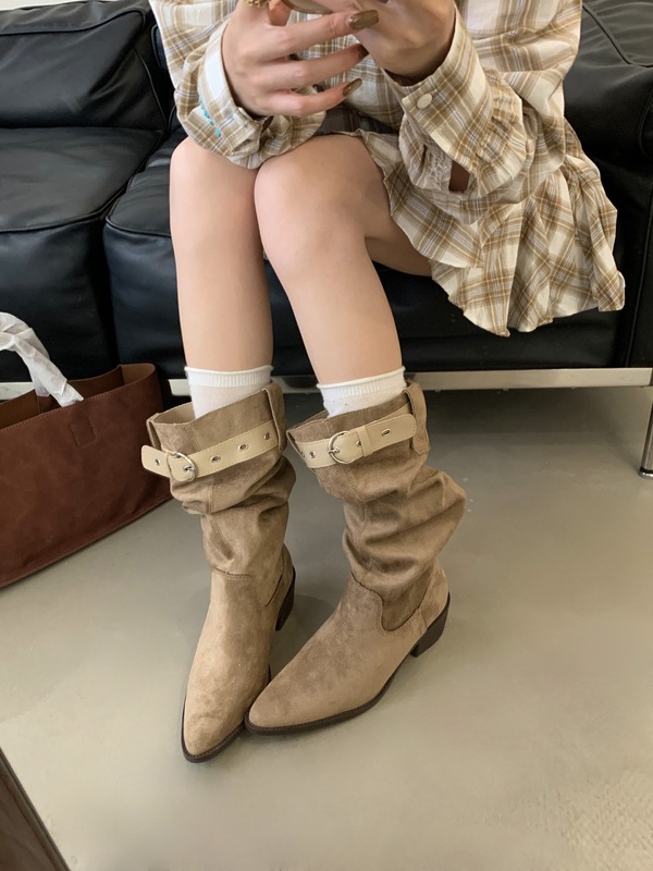 法式复古2穿堆堆靴女新款美拉德棕色旅游出片高筒靴粗跟瘦瘦靴子|undefined