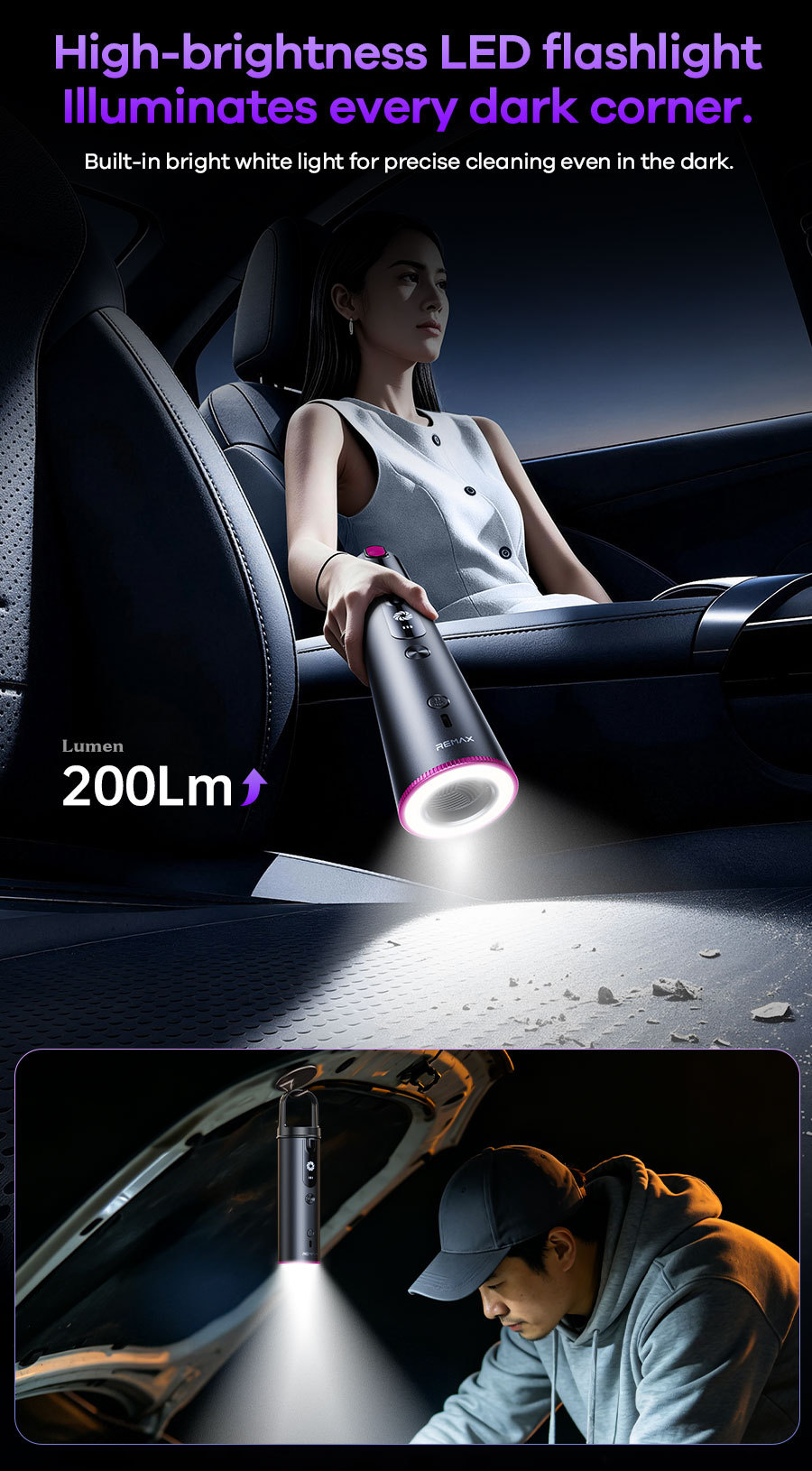 REMAX Rui Liang car-mounted, cordless, brushless vacuum cleaner with integrated blowing and suction functions, featuring a built-in light and long battery life for convenient portability