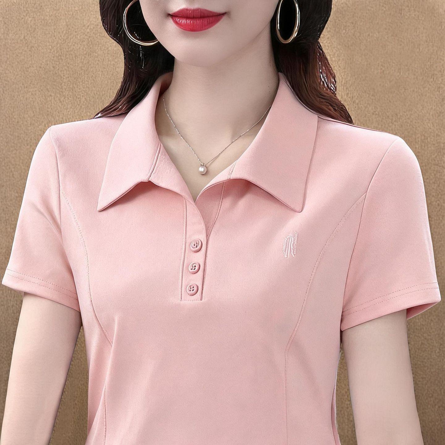 Pure cotton short-sleeved simple and versatile casual summer new slimming T-shirt POLO mom fashion and age-reducing