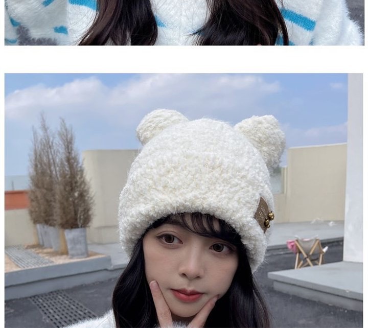 Petit bonnet ours pour femme, couleur kaki, à pompon, chaud pour l'hiver, épais, protection des oreilles, joli bonnet tricoté pour les étudiantes_voghion.com