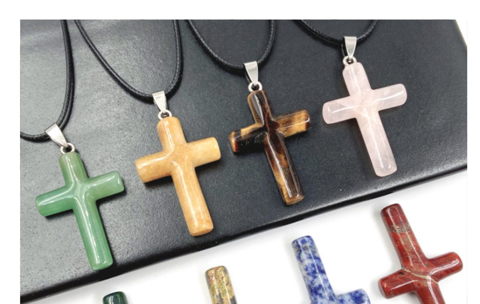 Retro Cross Natural Stone Pink Crystal Handmade Pendant Necklace 1 Piece