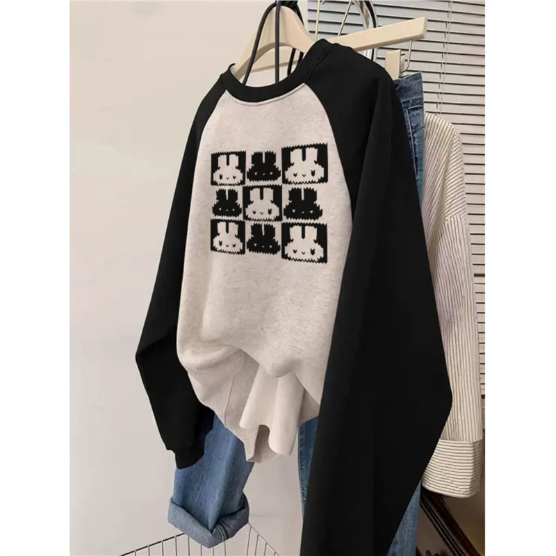 American Retro Raglan Sleeve Round Neck Sweat Women's Autumn and Winter fleece-lined Thickened 2024 New plus size Loose Slim Top