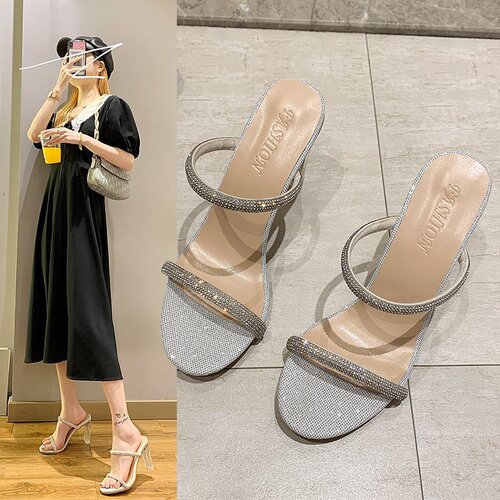 High-heeled sandals for women  summer new style rhinestone outer wear fashionable European and American large size one-strap women's shoes