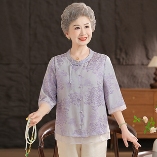 Middle-Aged and Elderly Women's Summer Clothes, Grandma's New Shirts, Chinese Style Women's Round Neck Mid-Sleeve Clothes, Mother's Loose Shirts