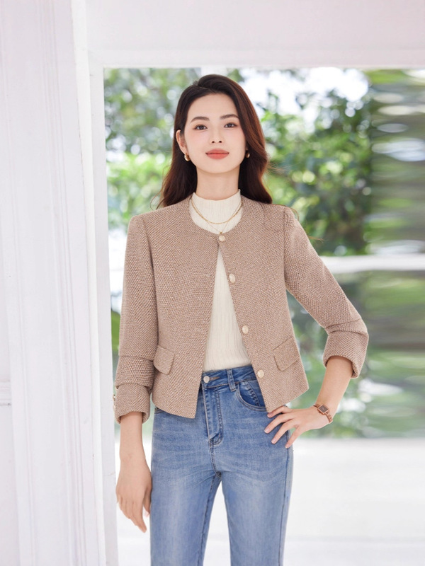 粉色千鸟格小香风西装外套2025秋冬新款气质女西服休闲百搭女外套|undefined