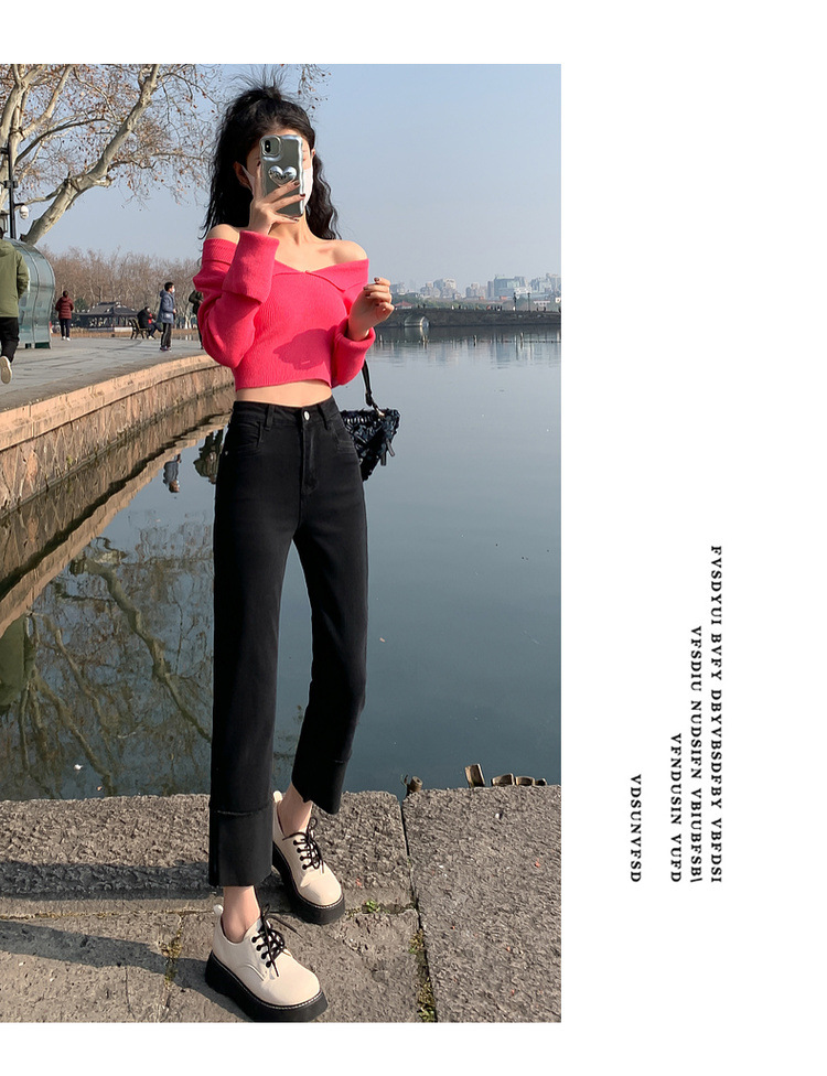 【中国直邮】HEY+JEANS 春季韩系翻边高腰显瘦九分裤 黑色 M