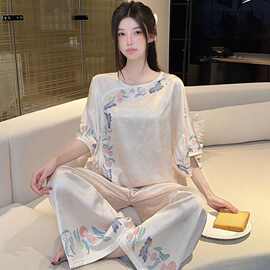 冰雪丝国风中袖九分裤圆领套头夏季新中式老钱风家居服