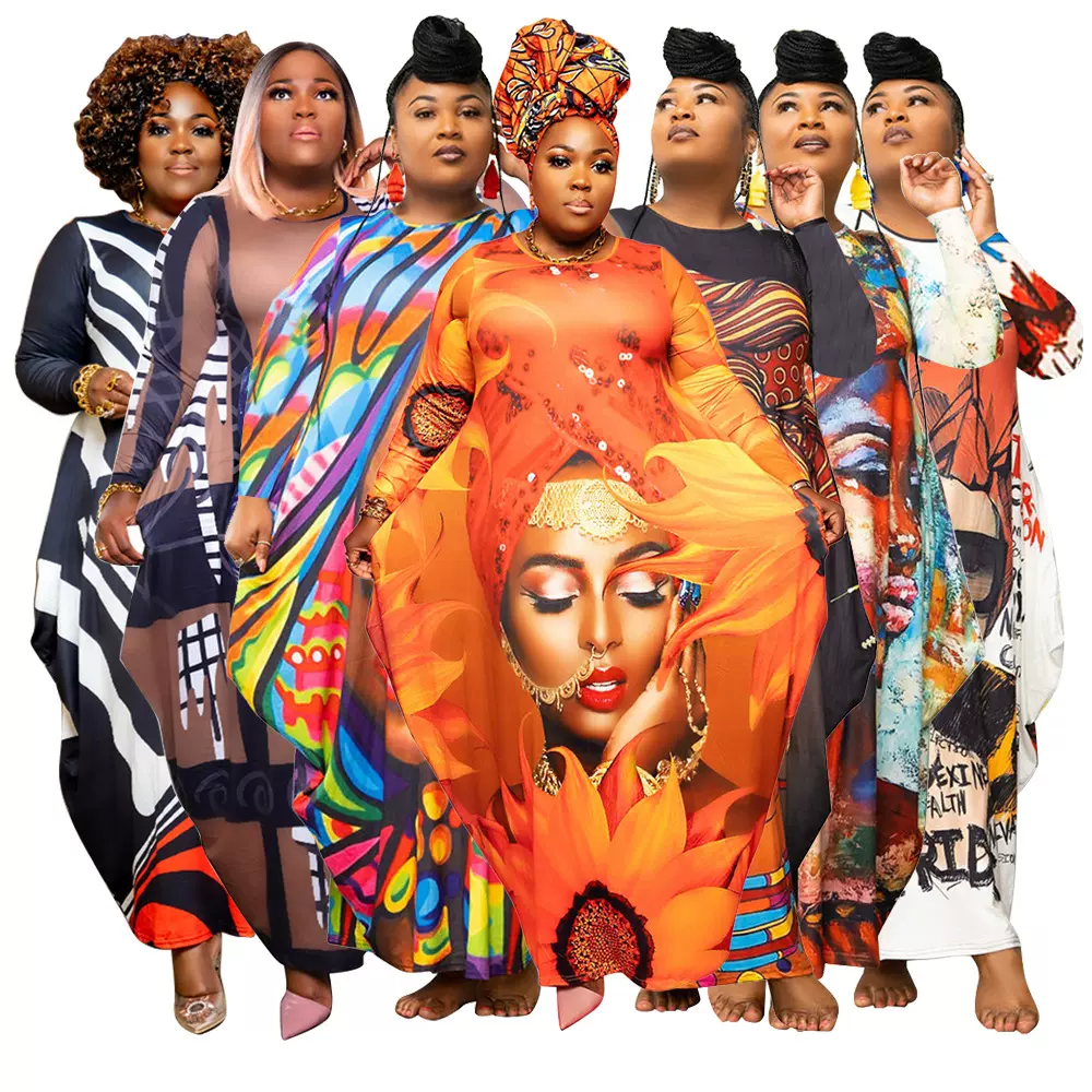 N7581亚马逊跨境欧美大码女装 不规则连衣裙长袖大摆型定位印花裙