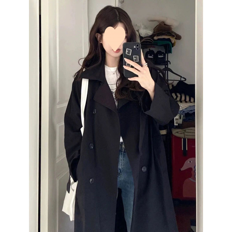 Large size 300 catties black windbreaker jacket for women's spring and autumn new Korean mid-length British style high-end coat
