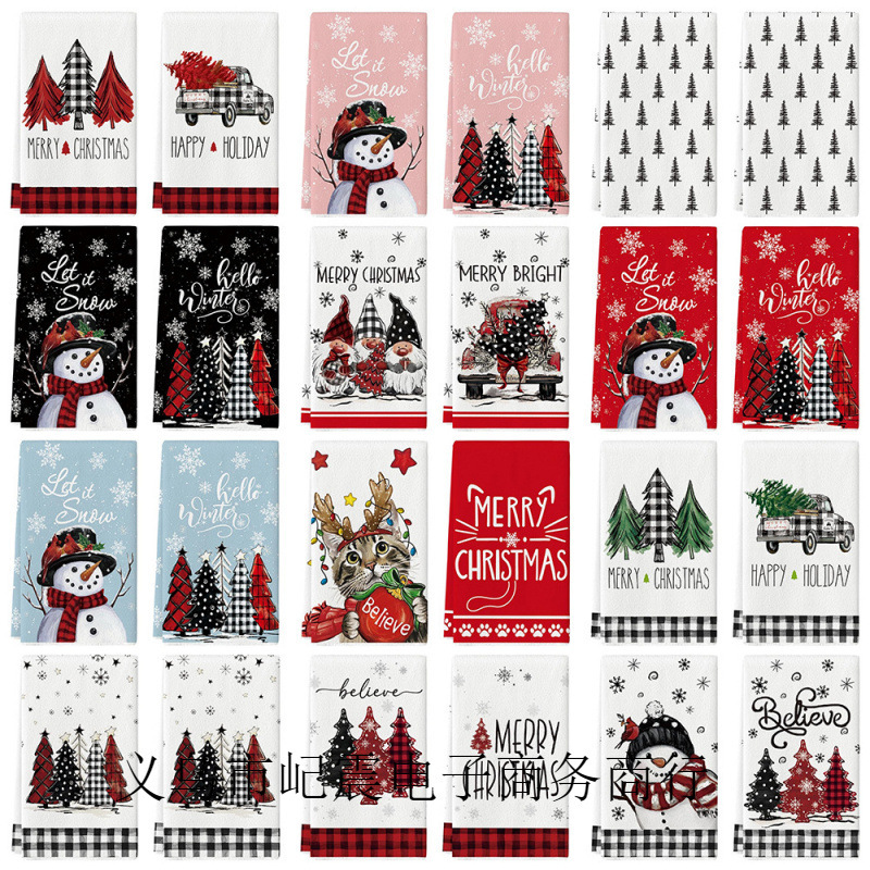 Cross-Border Tem Hot-Selling Winter Christmas Pine Tree Snowman Kitchen Towel Dish Towel Farmhouse Kitchen Dish Towel