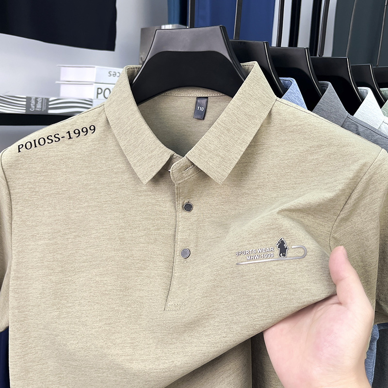 夏のメンズ Tシャツビジネスライト高級ラペルトップ 2025 新しいシンプルな多用途プリント半袖薄手の Tシャツ男性|undefined