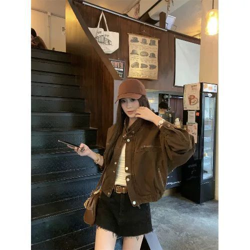 美式设计工装外套女新款复古休闲宽松显瘦通勤甜酷夹克牛仔上衣|undefined