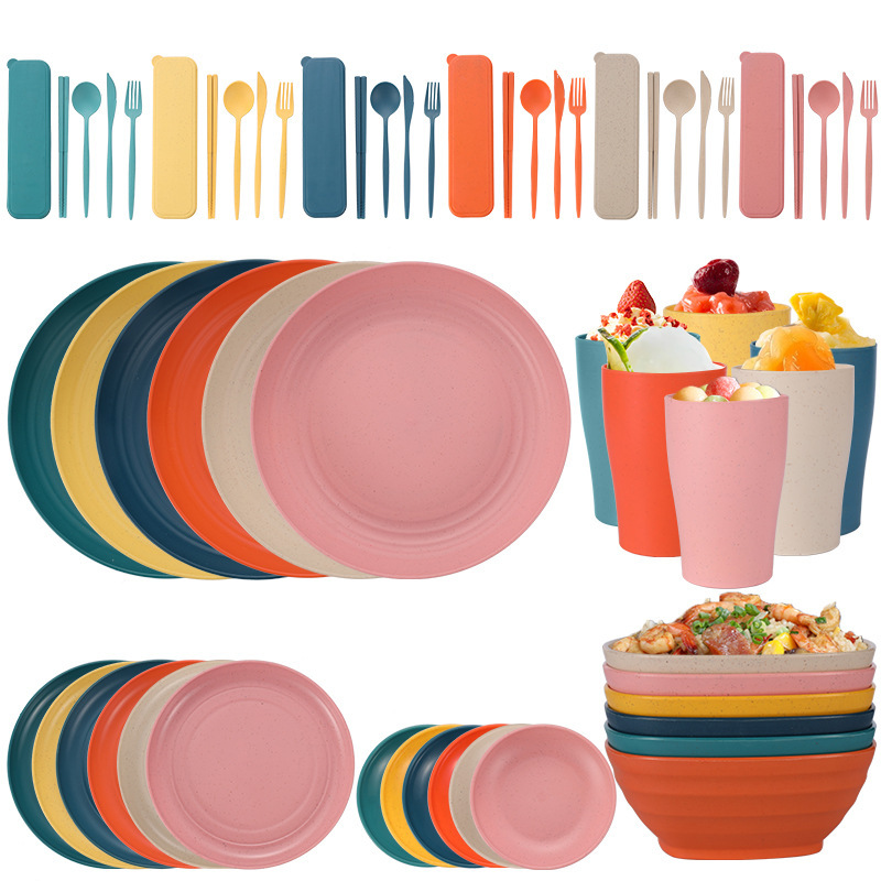 Cross-border Amazon Wheat Straw Dinner Plate Plastic Bowl Plate Water Cup Tableware Portable Knife, Fork and Spoon Chopsticks Set