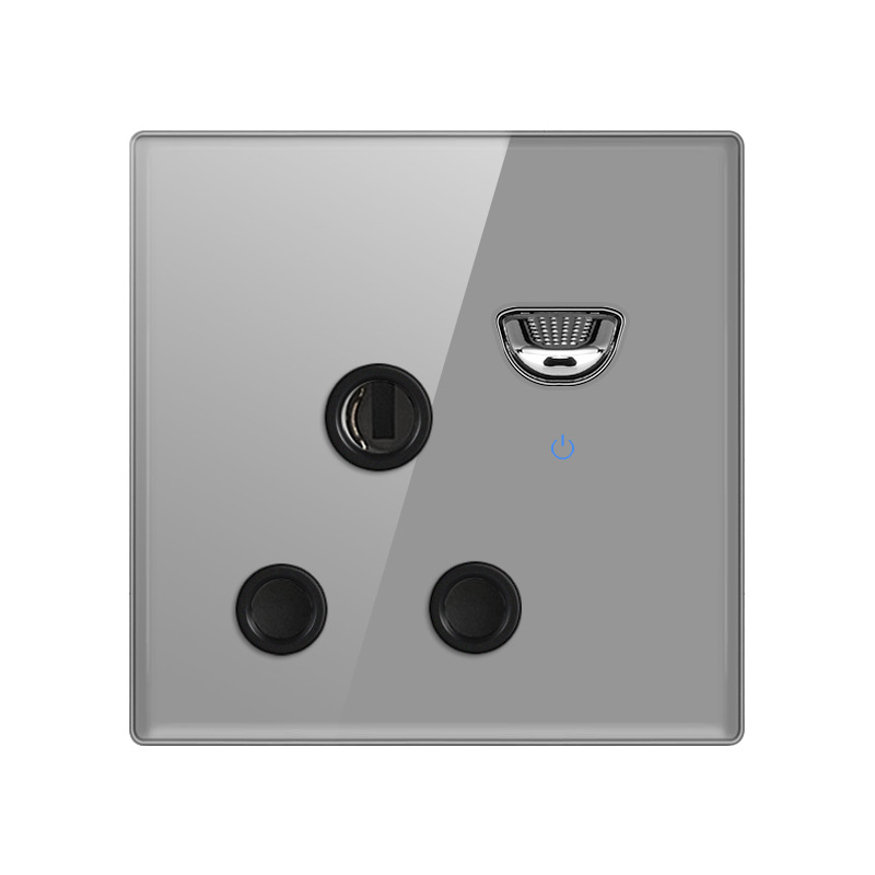 英标外贸墙壁灰色钢化玻璃面板一开带15A86型暗装个性开关插