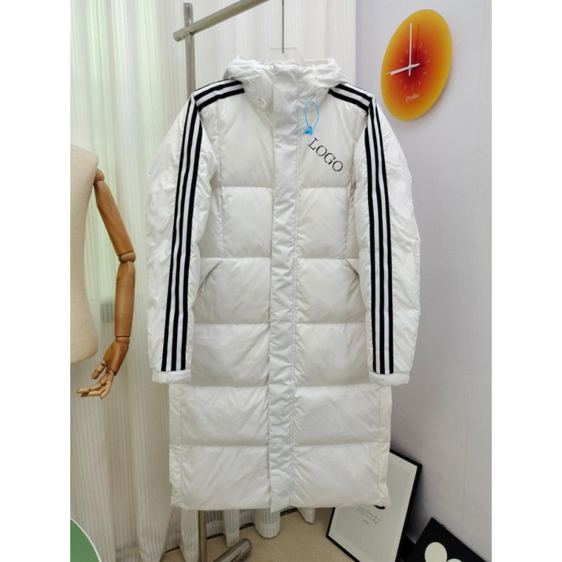 Adidas winter three-stripe long hooded down jacket, warm coat for couples, over-the-knee, 80% white duck down