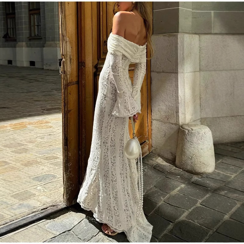 European and American Sexy Shoulder Horn Sleeve Long Hip dress Gentle Elegant Temperament Strapless Waist Tailor Dress